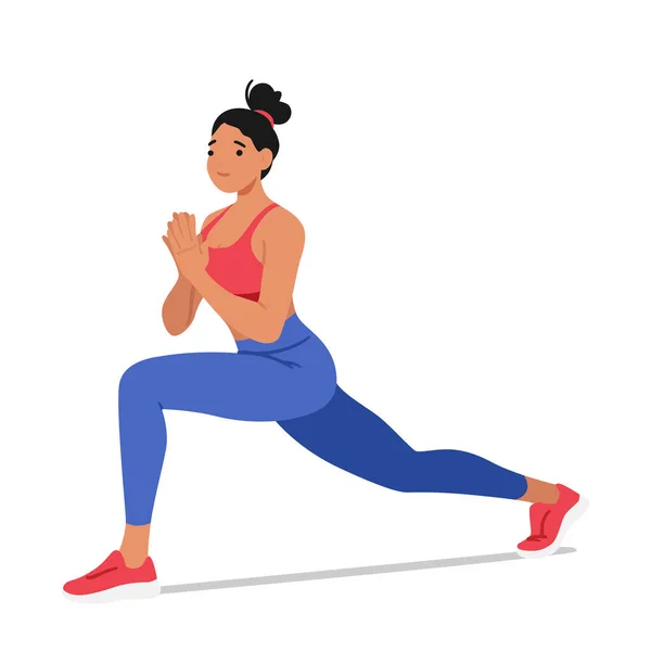 Fit Woman Character Performing Lunges Showcasing Strength Flexibility Setiap Langkah - Stok Vektor