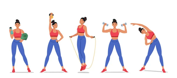 Aktive Frauen Die Sich Fitnessaktivitäten Beteiligen Üben Weibliche Charaktereigenschaften Wie — Stockvektor