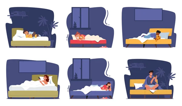 一组在床上休息的角色 在毯子的温暖中找到慰藉 屈服于沉睡的安慰拥抱 儿童和成年人睡觉或使用智能手机 卡通人物矢量图解 — 图库矢量图片