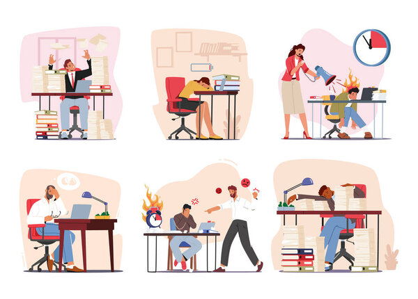 Stressed Workers Experience High Levels Of Pressure In Their Job, Leading To Decreased Productivity And Negative Impacts On Their Mental And Physical Well-being. Cartoon People Vector Illustration
