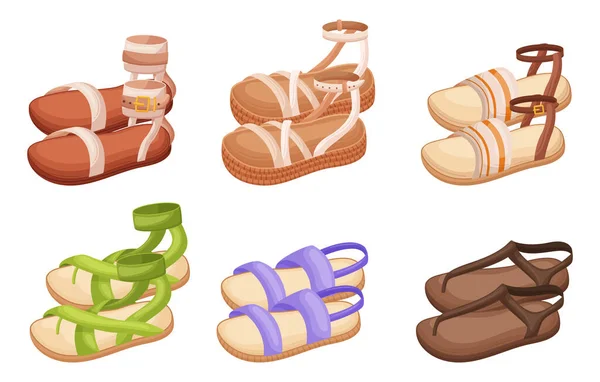 Set Von Stilvollen Sommer Sandalen Perfekte Schuhe Für Warmes Wetter — Stockvektor