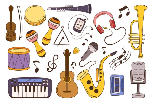 Набор Музыкальных Инструментов Музыкальных Принадлежностей Doodle Скрипка Тамбурин Маракас Гитара — стоковый вектор