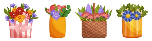 Gyönyörű Virág Csokrok Rendezett Bájos Kosarak Tökéletes Ajándék Különleges Alkalmakkor — Stock Vector