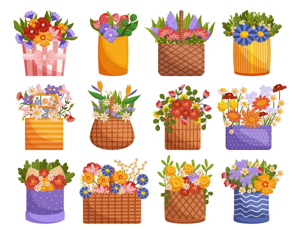 Set Delightful Arrangement Fresh Flowers Charming Baskets Perfect Gifting Brightening — Stock Vector