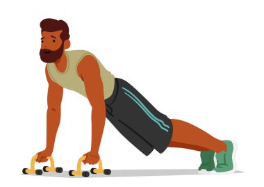 Zemin parmaklıklarında şınav çeken fitness adamı, üst vücut kaslarını zorlu ve etkili bir egzersiz için çalıştırırken karakter gücü ve kontrolü gösteriyor. Çizgi film İnsanları Vektör İllüstrasyonu