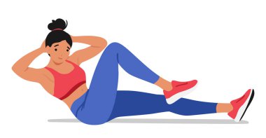 Sağlıklı kadın, karın egzersizlerine katılıyor. - Ne? Güçlü ve Kararlılığını Gösteren Kadın Karakterler. Odaklanmış Çalışmalarla Tone Çekirdek Kasları Başarıya Ulaşır. Çizgi film İnsanları Vektör İllüstrasyonu