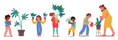 Çocuklar su ve güneş ışığı sağlayarak ev bitkileriyle ilgilenirler. Çocuk karakterler sorumluluk öğrenir ve yaşayan bitkileri beslemenin güzelliği ve faydalarından zevk alır. Çizgi film İnsanları Vektör İllüstrasyonu