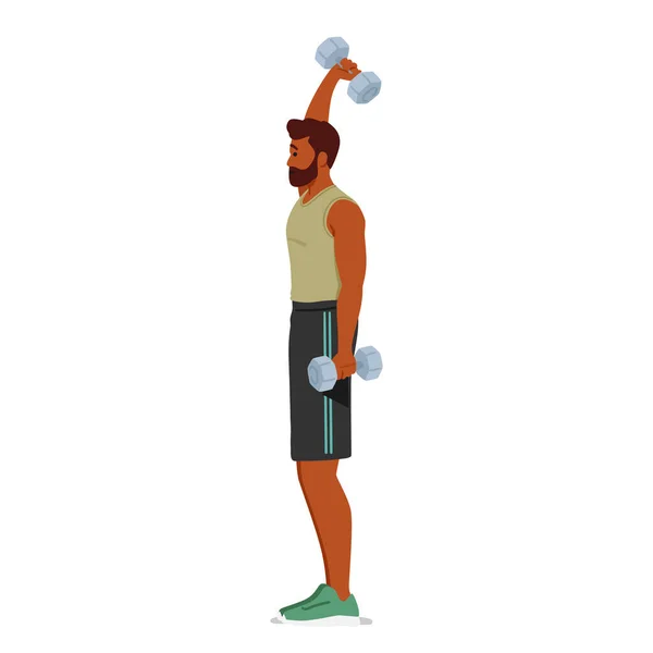 올바른 사람은 덤벨을 사용하여 운동을 수행하고 근육을 강화하며 전반적 시킨다 — 스톡 벡터