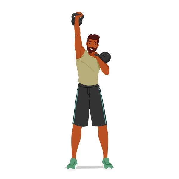 Strong Determined Fitness Man Lifting Kettlebells Dalam Bahasa Inggris Karakter - Stok Vektor