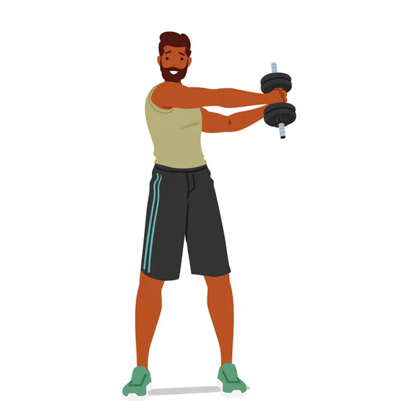 Fit Man Lifts Dumbbell Working Strength Muscle Development Male Character — Stock Vector