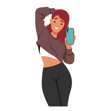 Spor salonundaki Selfie ile Vücut Geliştirme Süreci 'ni yakalayan Fitness Kadını, Sağlıklı bir yaşam tarzını benimsemeleri için başkalarını motive ederken kendini işine adamış bir kadın karakter. Çizgi film İnsanları Vektör İllüstrasyonu