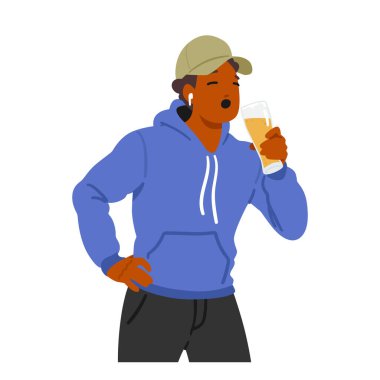 Genç Erkek Karakteri Bira Tüketiminde Şımartıyor. Siyah adam, sorumlu içme alışkanlıklarını geliştirirken tat ve sosyal atmosferin tadını çıkarıyor. Çizgi film İnsanları Vektör İllüstrasyonu