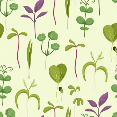 Mikroyeşillikli kusursuz desen, canlı ve taze tasarım vitrinleri Renkli ve besin değeri yüksek yeşil filizler, Görsel olarak çekici fayans süslemesi. Çizgi film Vektör İllüstrasyonu