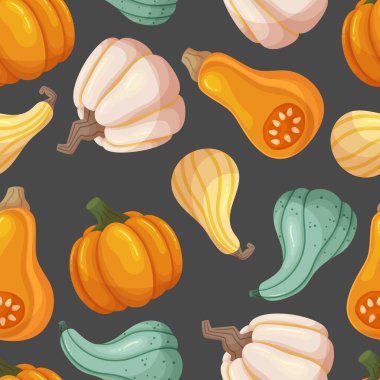 Pumpkins ile kusursuz desen, Döşeme Tasarımı Tekrarlanan Kabak Düzenleme, Sonbahar temalı Dekorasyonlar İçin Mükemmel ve Yaratıcı Projelere Şenlik Dokunuşu. Çizgi film Vektör İllüstrasyonu