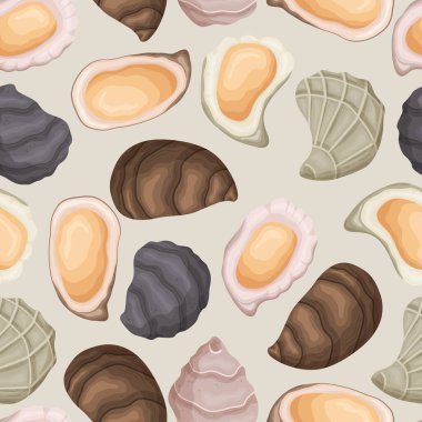 Zarif istiridye kabuklarıyla kusursuz desenler zarif bir şekilde tekrar edilerek duvar kâğıdı, dekor ve tekstil için elverişli sofistike ve zarif bir süs oluşturuldu. Çizgi film Vektör İllüstrasyonu