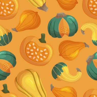 Olgun Balkabaklarıyla Oyuncu Kusursuz Desen, Sonbahar Sebzelerinin Düzenlenmesiyle Döşeme Arkaplanı. Duvar kağıdı, tekstil ya da yaratıcı projeler için şenlikli tasarım. Çizgi film Vektör İllüstrasyonu