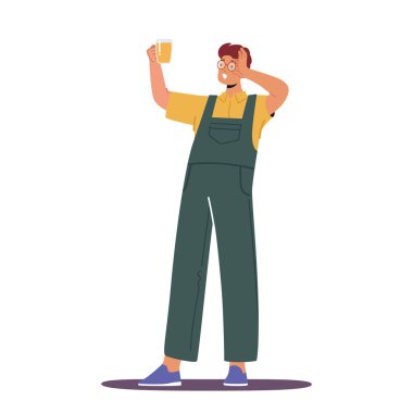 Uzman Erkek Karakteri Bira Kalitesini Kontrol Ediyor. Eğitimli Tadımcı Aroma, Lezzet ve Bira Sanayii Standartlarını Karşılamak İçin Görünüm Değerlendirmesi Yüksek Kaliteli Bir Zevk Deneyimi Sunuyor. Vektör İllüstrasyonu