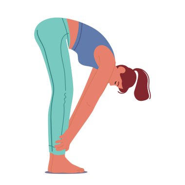 Padhasthasana Yoga Pozu 'nu sahneleyen kadın karakter belden öne doğru eğiliyor, ellerine doğru uzanıyor, esnekliği ve sakinliği teşvik ediyor. Çizgi film İnsanları Vektör İllüstrasyonu