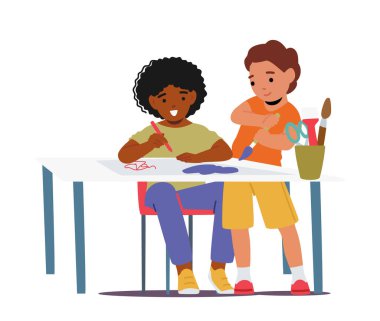 Masanın etrafında toplanmış neşeli çocuklar, yüzlerinde gülümsemeyle resim yapıyorlar, ve kalpleri yaratıcılık ve heyecanla dolu, hayal gücünü ve sanatsal gelişimi teşvik ediyorlar. Çizgi film İnsanları Vektör İllüstrasyonu
