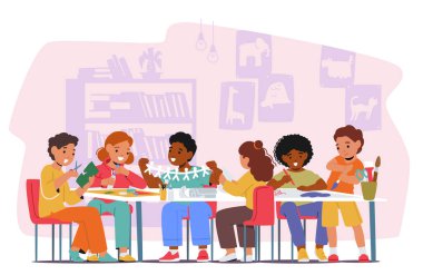 Çocuk Karakterler Sanat Sanatlarına Tutkulu bir şekilde Katılıyorlar, Boyama, Çizim, Kağıt Kesme ve Çeşitli Projeler Yaparak Yaratıcılığını İfade ediyorlar, Hayal gücünü Artırıyorlar. Vektör İllüstrasyonu