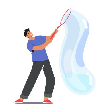 Adam Büyüleyici Sabun Kabarcıkları Şovu 'nu sahneliyor. Erkek karakteri her boyutta renkli ve narin kabarcıklar yaratarak seyirciyi yetenekleriyle büyülüyor. Çizgi film İnsanları Vektör İllüstrasyonu