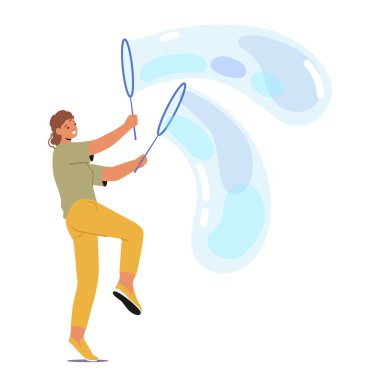 Kadın Büyüleyici Sabun Kabarcığı Şovu 'nu sahneliyor. Farklı boyutlarda ve şekillerde renkli ve karmaşık kabarcıklarla seyirciyi büyüleyen yetenekli kadın karakter. Çizgi film İnsanları Vektör İllüstrasyonu