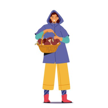 Büyük bir sepet dolusu taze seçilmiş mantarı gururla sergileyen bir kadın. Neşeli Kadın Karakteri Başarılı Av Gezisi 'ni Gösteriyor. Çizgi film İnsanları Vektör İllüstrasyonu