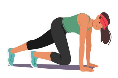 Kadın Fitness Egzersizleri, Kadın Karakteri Anonim Kardiyo, Kuvvet Eğitimi ve Esneklik Rutinleri. Genel Sağlığı Arttır ve Fitness Hedeflerine Ulaşın. Çizgi film İnsanları Vektör İllüstrasyonu