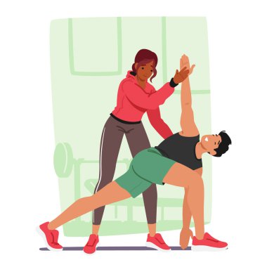 Erkek karakter, kişisel antrenörüyle birlikte özel eğitime tabi tutuluyor. Terbiyeli Egzersizler, Motivasyon Artırma ve Özel Fitness Hedeflerine Etkili Ulaşmak. Çizgi film İnsanları Vektör İllüstrasyonu