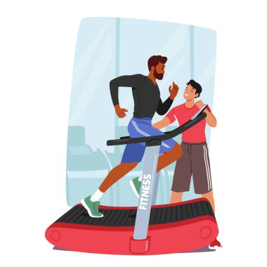 Sporcu Erkek Karakteri, genel performansı maksimize ettiği için kişisel antrenörden kişisel eğitim ve rehberlik alıyor. Koşu bandında Destekle koşan adam. Çizgi film İnsanları Vektör İllüstrasyonu