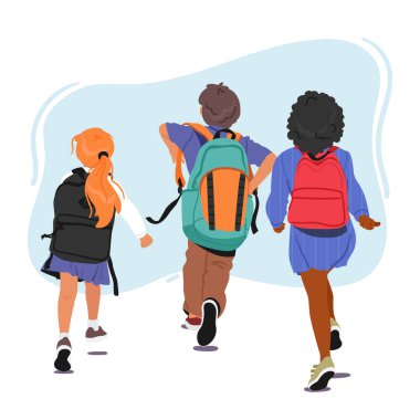 Bir grup çocuk karakter birlikte yürüyor, sırt çantaları taşıyor ve okula gidiyor. Çocuklar heyecanlanıyor ve öğrenmeye hevesli. Heyecan ve beklenti havayı dolduruyor. Çizgi film İnsanları Vektör İllüstrasyonu