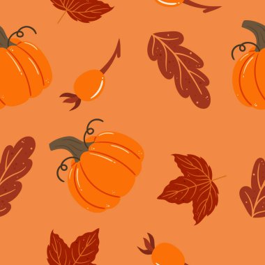 Kusursuz desensiz sonbahar yaprakları ve olgun balkabaklarıyla süslenmiş, mevsimsel dekorasyonlar, duvar kağıtları, tekstil ve baskılar için mükemmel bir sıcak ve rahat tasarım yaratıyor. Çizgi film Vektör İllüstrasyonu