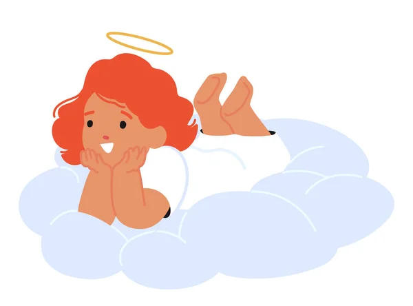 Adorable Cherubic Baby Angel Character Red Hair Halo Tiny Wings — Stock Vector