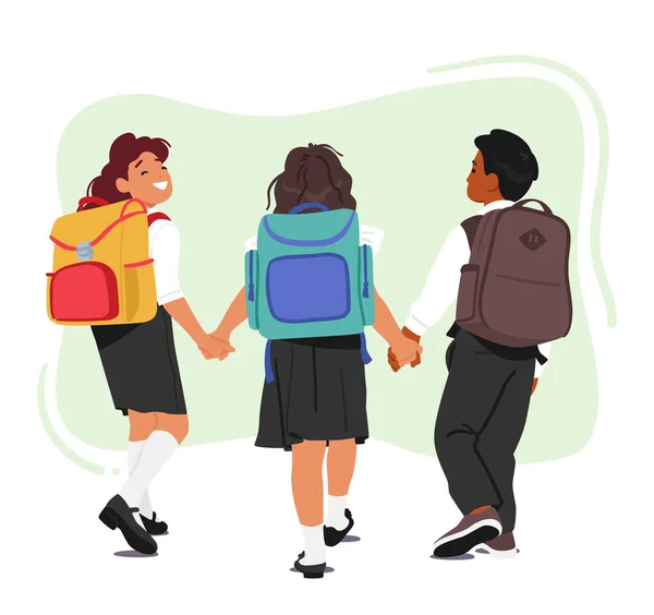 Group Children Characters Backpacks Backs Walking Together Neat Line School - Stok Vektor