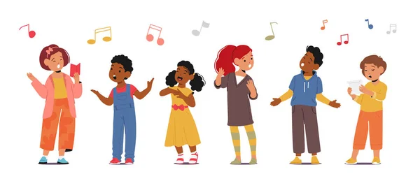 Niños Niñas Alegres Personajes Cantando Canciones Con Puro Entusiasmo Esparciendo — Archivo Imágenes Vectoriales