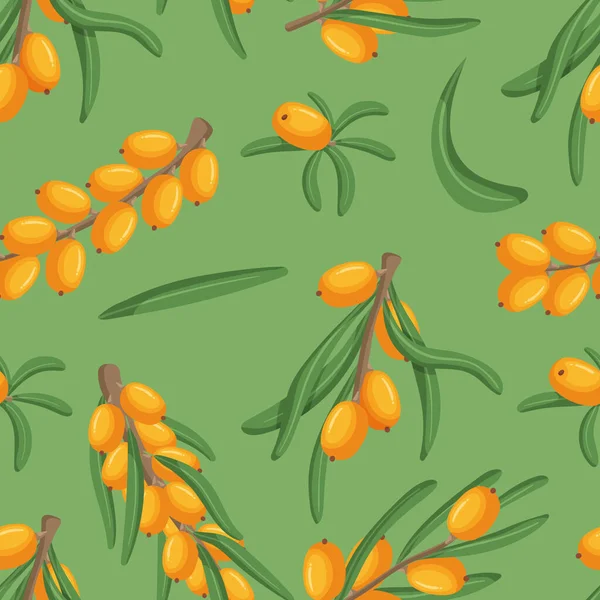海荞棘无缝图案展示充满活力的橙色浆果 绿叶和精致的枝条 完美的壁纸或纺织品 添加自然的触摸设计 卡通矢量图解 — 图库矢量图片