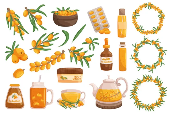 stock vector Sea Buckthorn Products Set. Skincare Essentials, Nourishing Oils, Dietary Supplements For A Holistic Wellness Experience. Tea, Jam, Body Cream, Fresh Berries and Wreaths. Cartoon Vector Illustration