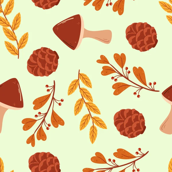 Seamless Pattern Featuring Autumn Leaves Mushrooms Pine Cones Creating Beautiful — Stock Vector