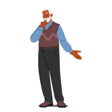 Kıdemli Adam Afallamış ve Belirsiz Görünüyor. Çevresindekileri kavramak ya da kararlar vermek için çabalayan bir karakter. Davranışları kargaşa ve belirsizliği yansıtıyor. Çizgi film İnsanları Vektör İllüstrasyonu