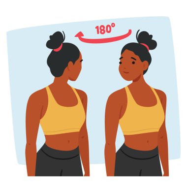 Siyah kadın, egzersiz rutini sırasında boynundaki gerilimi azaltmak ve esnekliği arttırmak için boynunu sağa sola yuvarlar. Sağlıklı Kadın Karakteri. Çizgi film İnsanları Vektör İllüstrasyonu