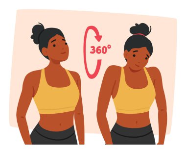 Kadın karakterler, gerilimi azaltmak, boyun ve omuz kaslarını güçlendirmek, daha iyi esneklik ve duruşu teşvik etmek için nazikçe esneme ve dönüşler gerçekleştirir. Çizgi film İnsanları Vektör İllüstrasyonu