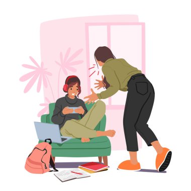 Aile Karakterleri Teen Gadget Bağımlılığı. Anne, Sosyal medyada akıllı telefon oyununa ya da sohbete dalmış ergen kızın dikkatini çekmeye çalışıyor. Çizgi film İnsanları Vektör İllüstrasyonu