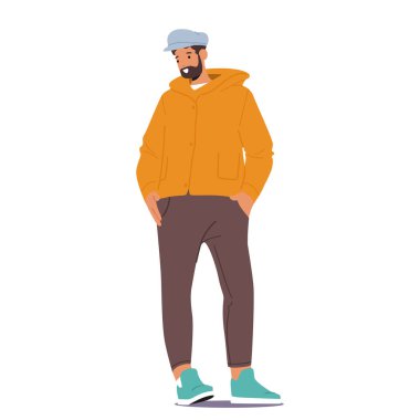 Erkek Güz Giysileri Giyer, Erkek Karakteri Ceket, Pantolon ve Cap in Ilık Toprak Masonlar, Soğuk Hava ve Açık Hava Aktiviteleri İçin Mükemmel. Çizgi film İnsanları Vektör İllüstrasyonu
