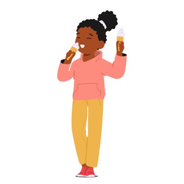 Neşeli çocuk dondurmanın tadını çıkarıyor, yüzü zevkten dört köşe olmuş, her yalamaya bayılıyor, gözleri mutlulukla parıldıyor. Küçük Afrikalı Amerikalı Kız Karakteri Tatlı Ye. Çizgi film İnsanları Vektör İllüstrasyonu