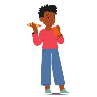 Çocuk Çocuk Çocuk Karakteri, heyecanlı bir şekilde bir sosisli ve gazoz içen, zevkten gözleri parlayan, tuzlu tadı rahatlatan, elleri sıkıca kavrayan. Çizgi film İnsanları Vektör İllüstrasyonu