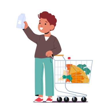 Süpermarket tramvayı ile ayakta duran, heyecan ve merakla koridorlarda gezinen, aile alışverişine yardım eden küçük çocuk. Çizgi film İnsanları Vektör İllüstrasyonu