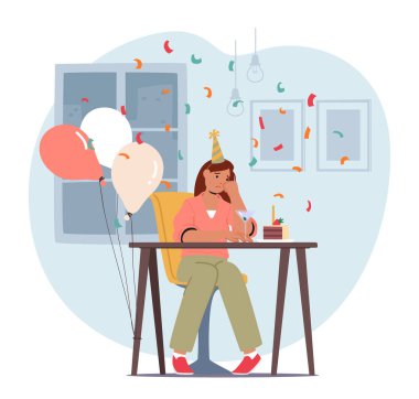 Yalnız ve kasvetli bir kadın sessizce doğum gününü kutluyor. Geçmiş anıları yad eden, özel gününde arkadaşlık ve neşe arayan üzücü bir kadın karakteri. Çizgi film İnsanları Vektör İllüstrasyonu