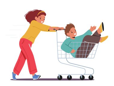 Süpermarket tramvayına binen neşeli çocuklar, gülmek ve gidona tutunmak, onlar koridorlarda süzülürken, karakterler eğlenceli anlar yaratıyor. Çizgi film İnsanları Vektör İllüstrasyonu