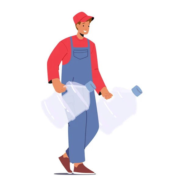 Worker Male Character Deliver Fresh Water Transporting Plastic Gallons Homes — Stock Vector