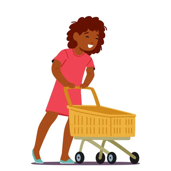 Girl Pushing Supermarket Trolley Little Black Child Character Browsing Pisles — Archivo Imágenes Vectoriales